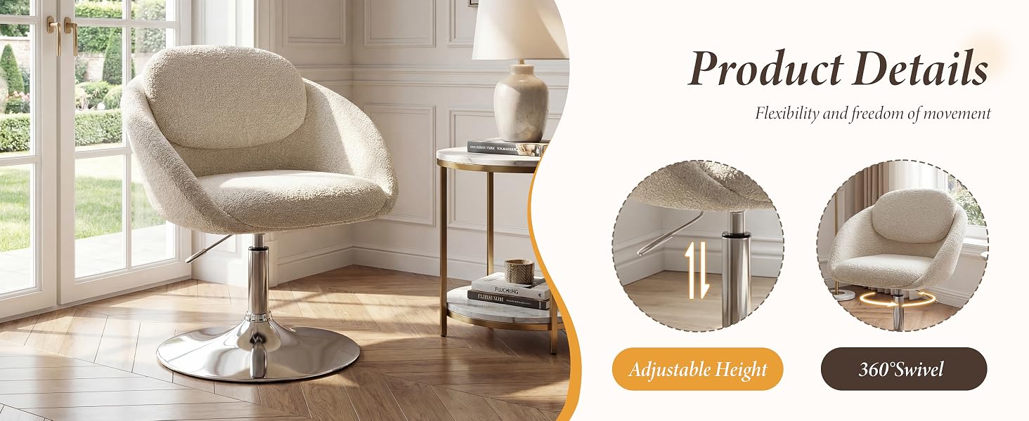 Text reads 'Product Details'. Interior room setting showing modern furniture including chairs and tables in neutral tones with two color selection buttons.