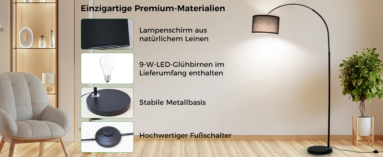 Gewölbte Stehleuchte mit schwarzem Stoffschirm und Metallfuß. Verfügt über 9-W-LED-Lampen, einen natürlichen Leinenschirm und einen hochwertigen Fußschalter. Gezeigt in einer Wohnzimmer-Umgebung