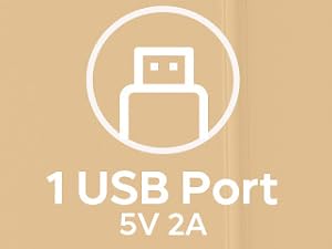 Le texte montre des icônes pour 'Éclairage LED', 'Port USB', 'Port Type-C', '4.7/5'. Table blanche avec éclairage intégré, présentée dans un salon avec une plante et une capacité de charge d'appareil.