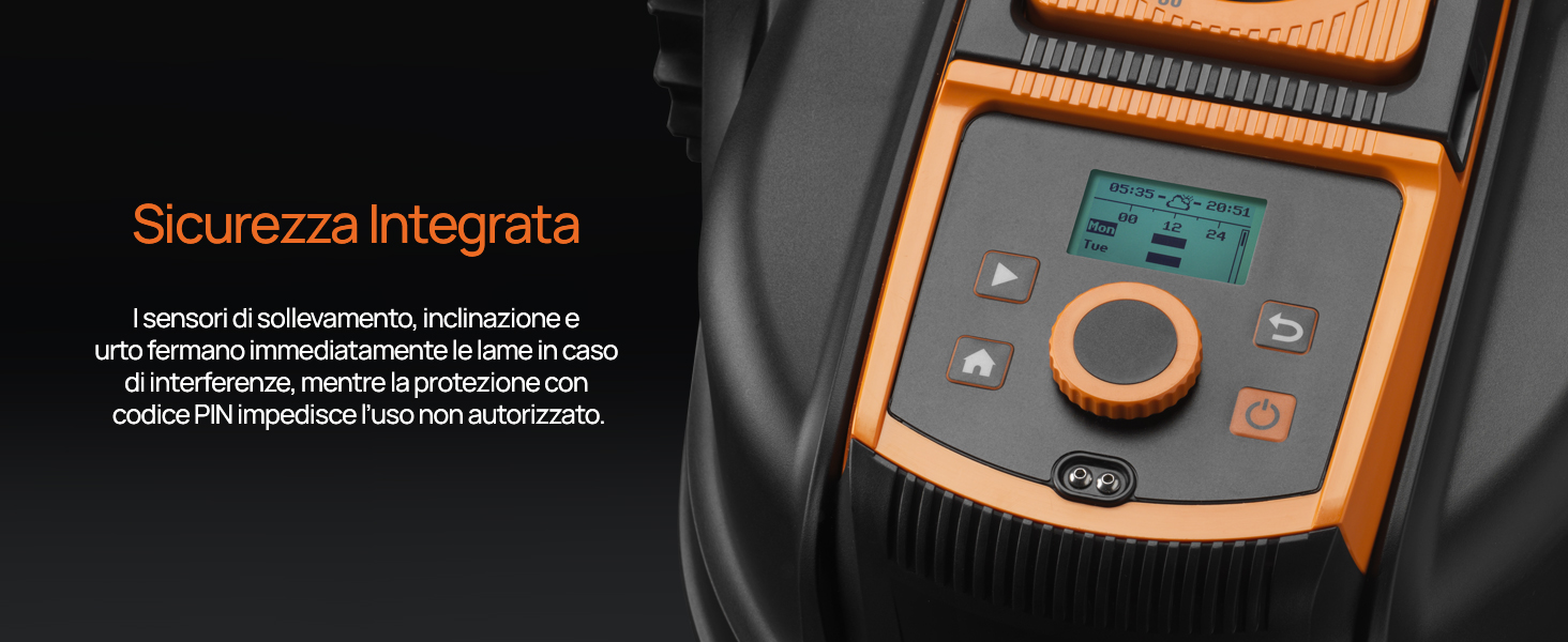 Il testo dice 'Sicurezza integrata'. Primo piano dello schermo digitale con retroilluminazione arancione che mostra i controlli o l'interfaccia delle impostazioni.
