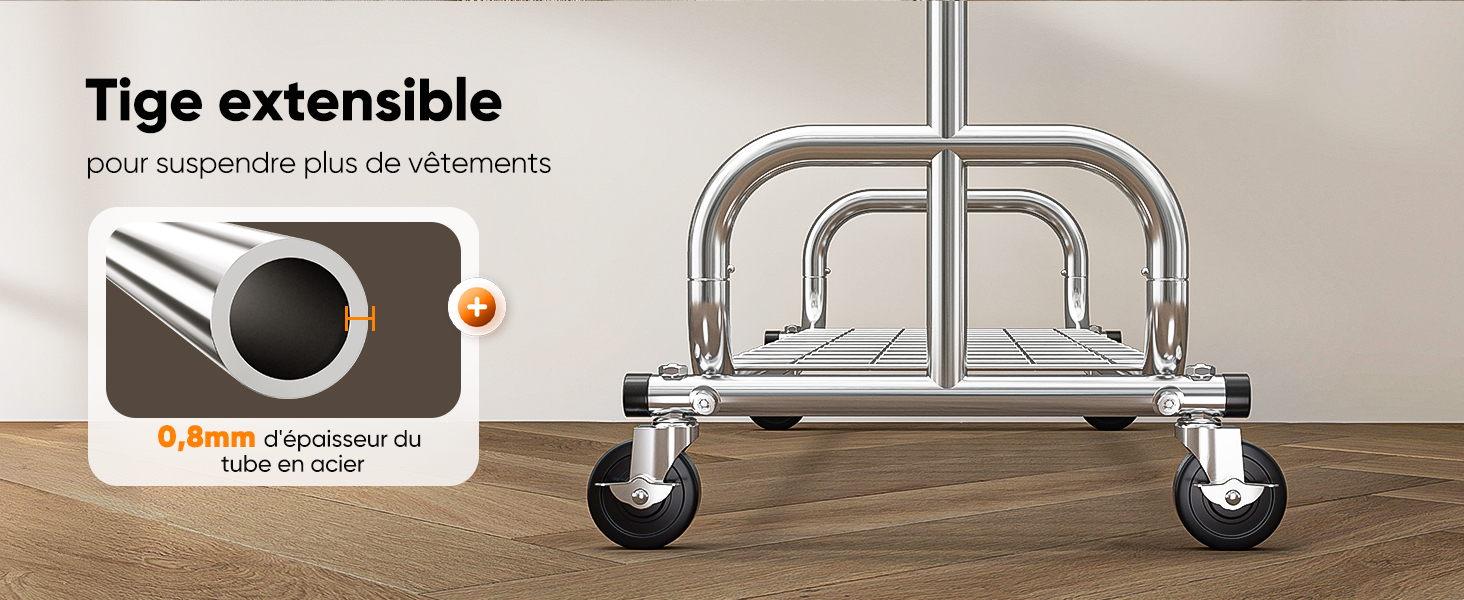 Le texte indique « Tige extensible ». Photo du produit d'un chariot métallique réglable ou d'une base de chariot avec roues et mécanisme de poignée extensible.