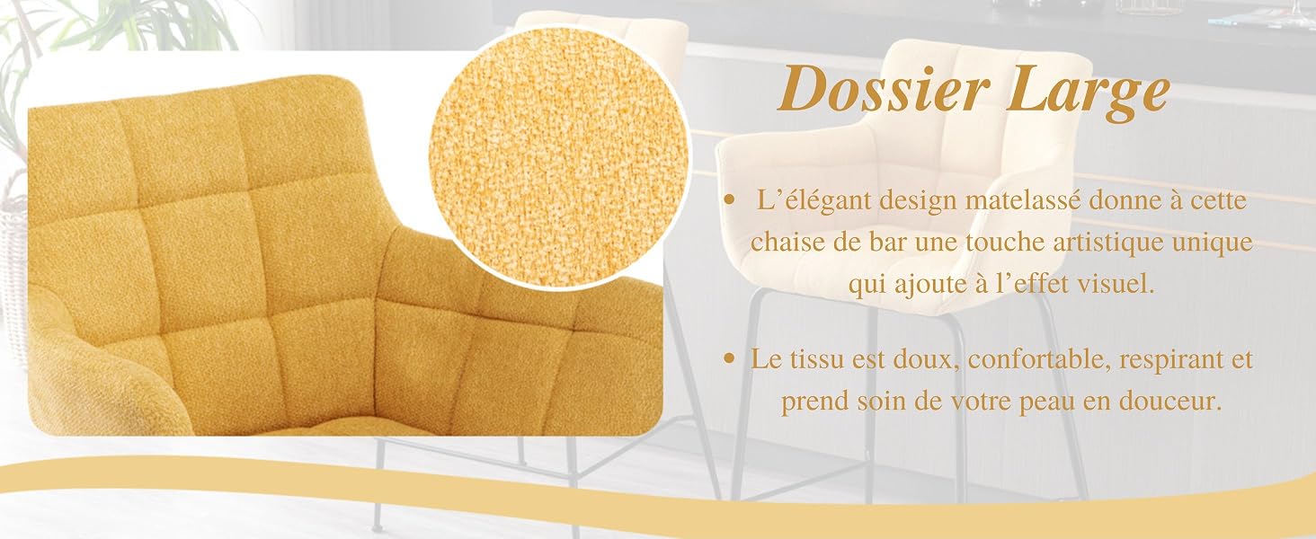 avec motif de rembourrage carré. Gros plan de la texture du tissu montrée dans un encart circulaire. Le texte français décrit les caractéristiques de conception et de confort.
