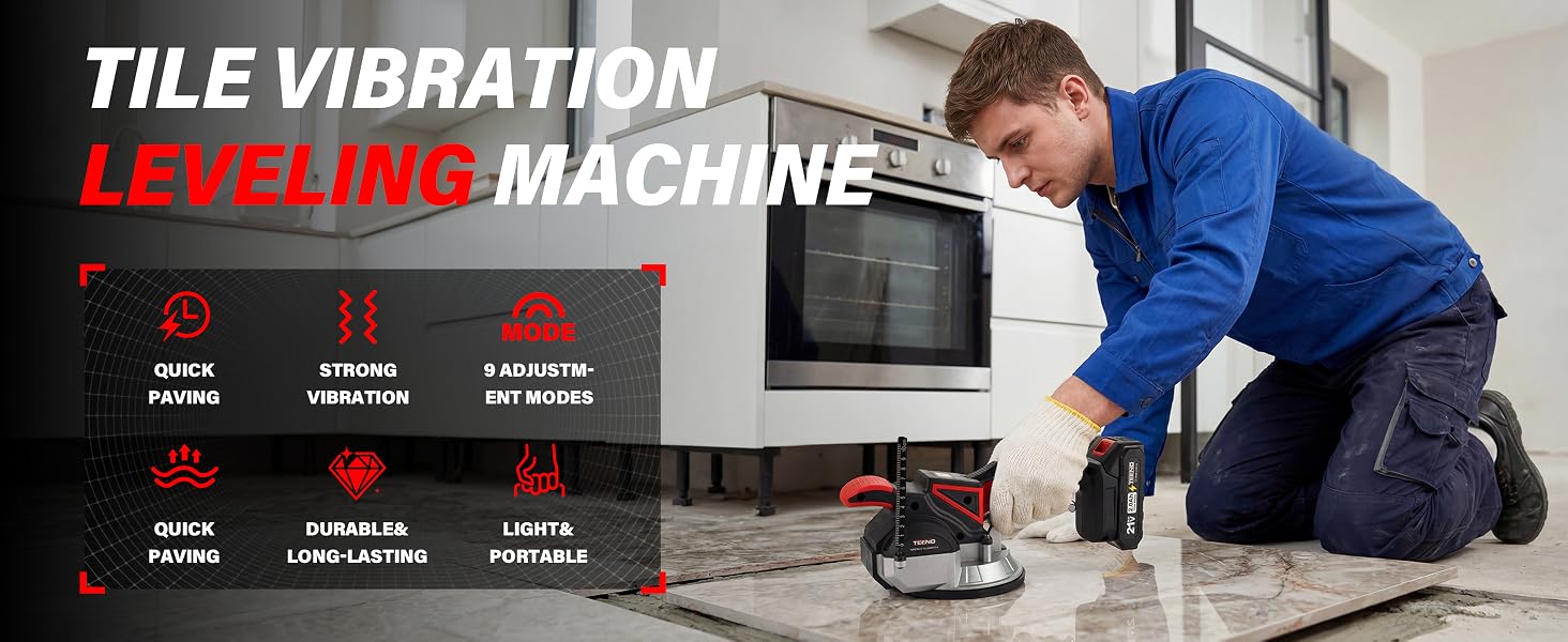 Le texte indique « VIBRATION DES CARREAUX » et « MACHINE À NIVELER ». Équipement professionnel de démonstration d'installation de carreaux avec trois icônes indiquant les caractéristiques du produit.