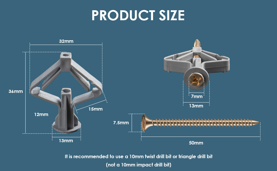 Diagram showing dimensions of a triangular drywall anchor and screw. Anchor measures 32mm wide, 34mm tall. Screw is 50mm long with 7.6mm head diameter. Recommended 10mm drill bit for installation.