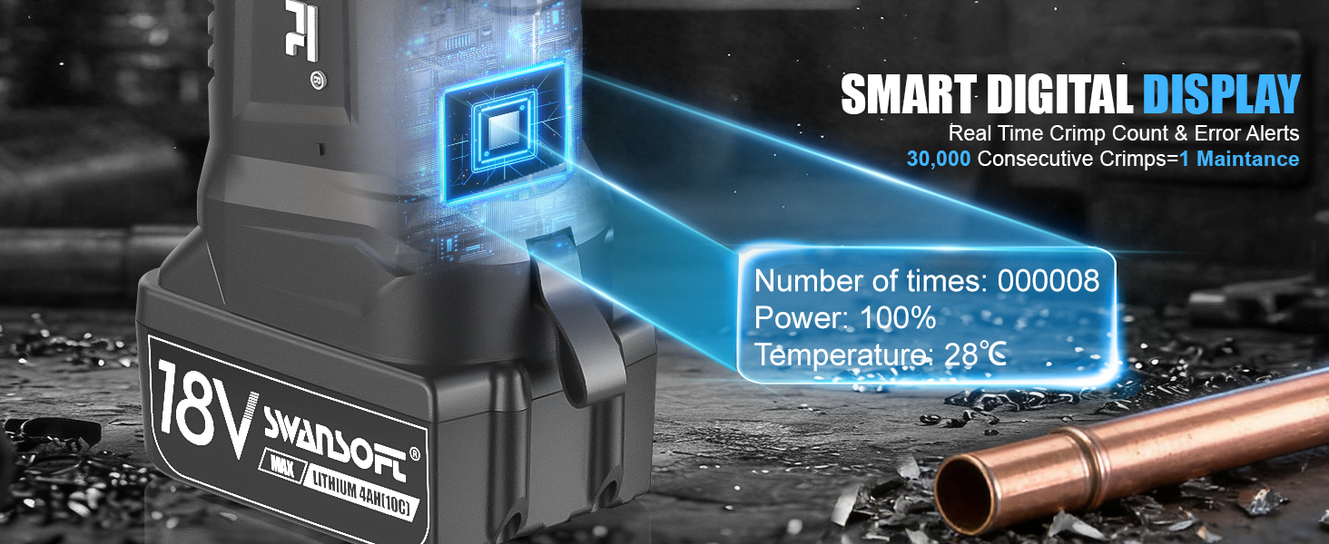 Le texte se lit comme suit : « AFFICHAGE NUMÉRIQUE INTELLIGENT » avec affichage technique indiquant « Nombre de fois : 0000 » et lecture de la température. Montre l'outil électrique avec une interface d'affichage numérique bleue.