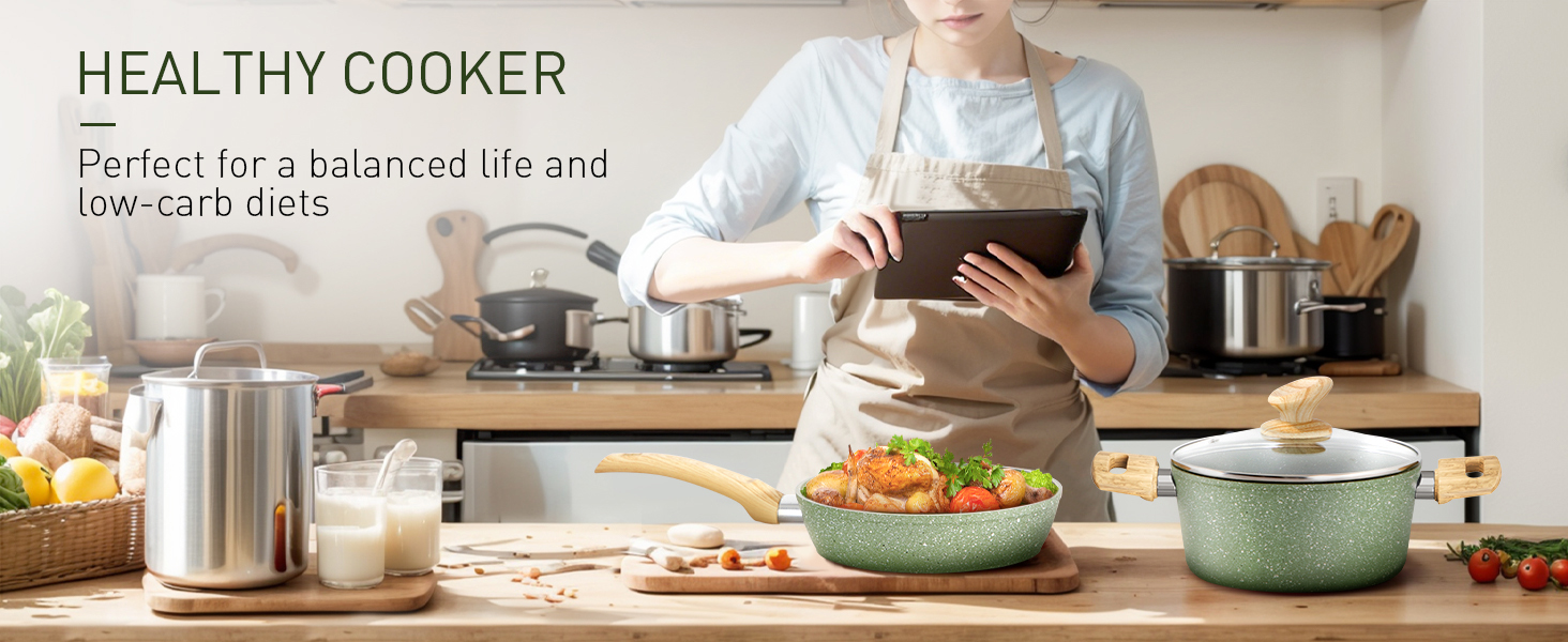 Text reads 'HEALTHY COOKER'. Multiple lifestyle photos showing cooking preparation with a mint green cooking pot and wooden utensils on kitchen counter.
