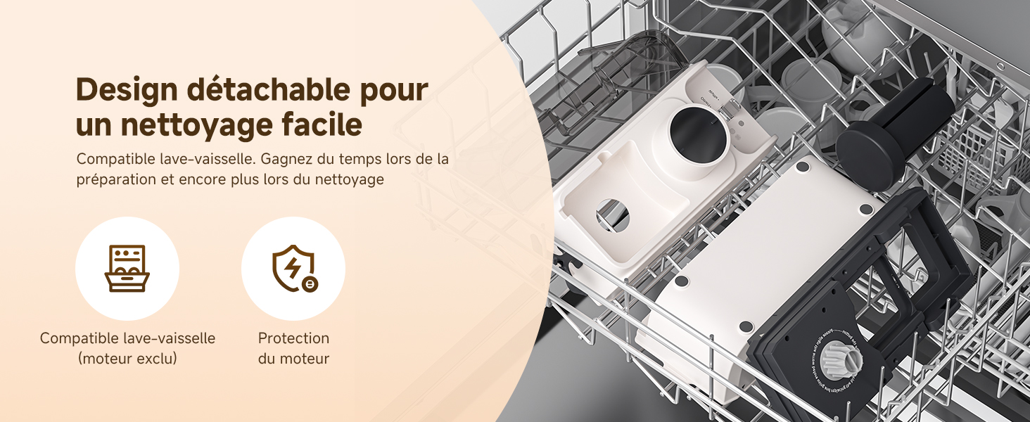 Le texte se lit comme suit : « Design détachable pour un nettoyage facile ». Schéma technique noir et blanc montrant les composants du produit et les instructions de montage.