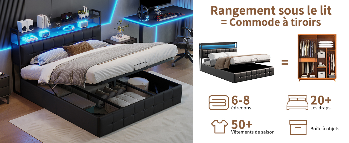 Le texte se lit comme suit : « Rangement sous le lit », « Commode à tiroirs », « 50+ », « 6-8 », « 20+ ». Schéma du produit montrant un système de rangement de lit avec plusieurs configurations de tiroirs et indicateurs de capacité.