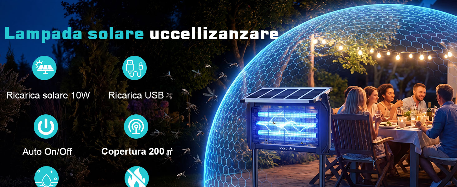 Le texte indique « Lampada solare uccellizzazare » avec les icônes suivantes : « Ricarica solare 170 », « Ricarica USB », « Asta On/Off », « Copertura 360 gr ». Lampe solaire extérieure en forme de globe illuminée lors d'une réunion en soirée.
