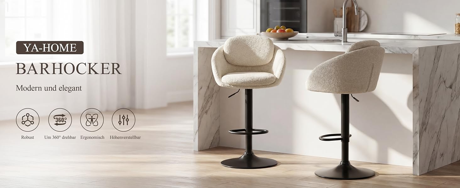Der Text lautet „YATIBOOM“. Moderne Barhocker mit hellgrauer Polsterung, aus mehreren Blickwinkeln auf weißem Hintergrund mit grafischen Elementen dargestellt.