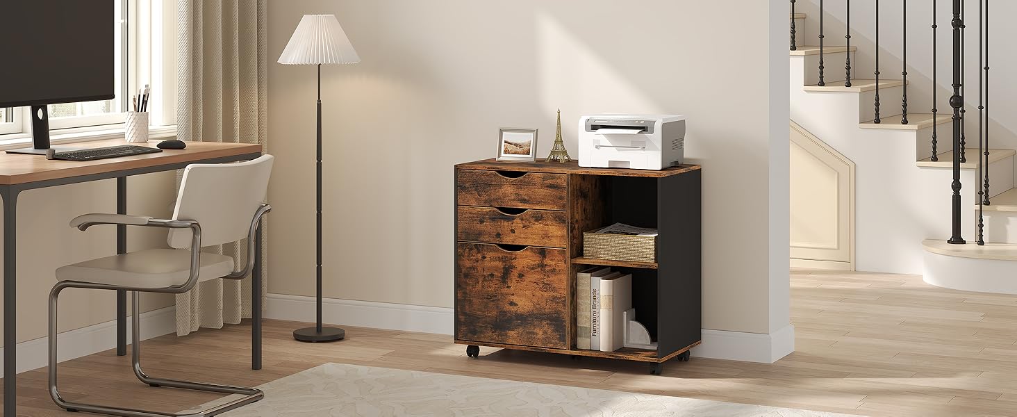 caisson bureau meuble rangement armoire 3 tiroirs 2 compartiments casiers ouverts 5 roulettes mobile