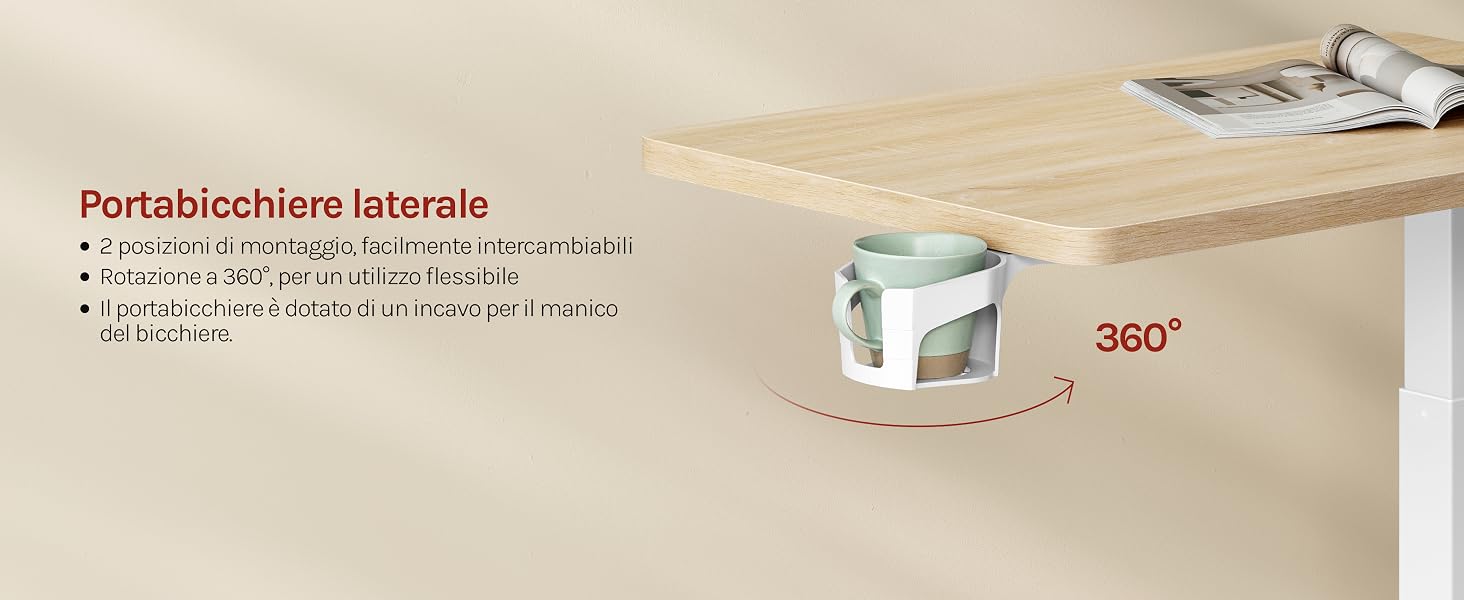 Il testo recita «Portabattchien Islanda» con le specifiche del prodotto, comprese le dimensioni e i dettagli del peso. Mostra un dispositivo cubico bianco con indicatore di rotazione a 360° su una superficie beige.