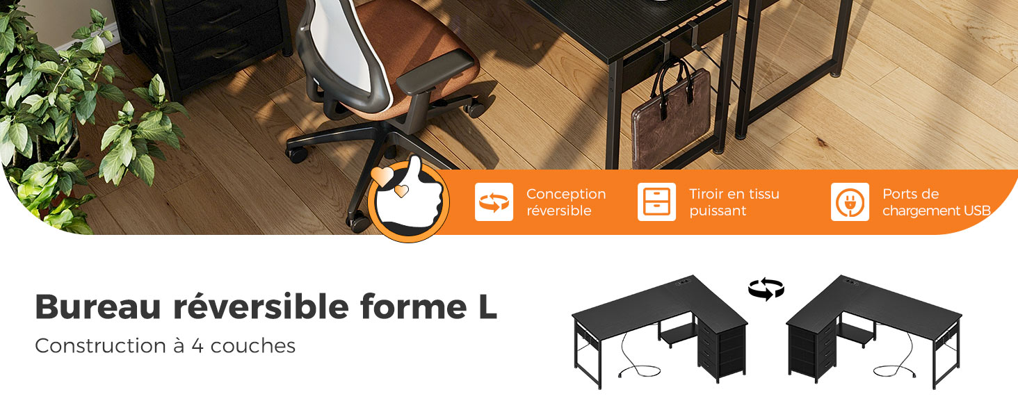 avec instructions de montage. Les caractéristiques incluent un assemblage facile, une conception ergonomique et un système de gestion des câbles.