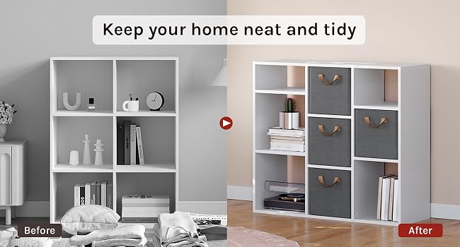 Two cube storage shelving units with multiple compartments. Left unit is white, right unit has gray fabric drawers. Text reads 'Keep your home neat and tidy'.