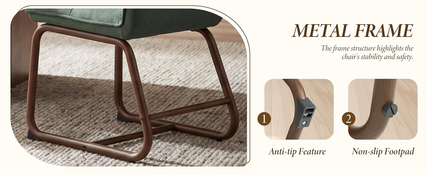 Text reads 'METAL FRAME'. Brown metal frame with curved design shown in product photo and two detail diagrams illustrating features.