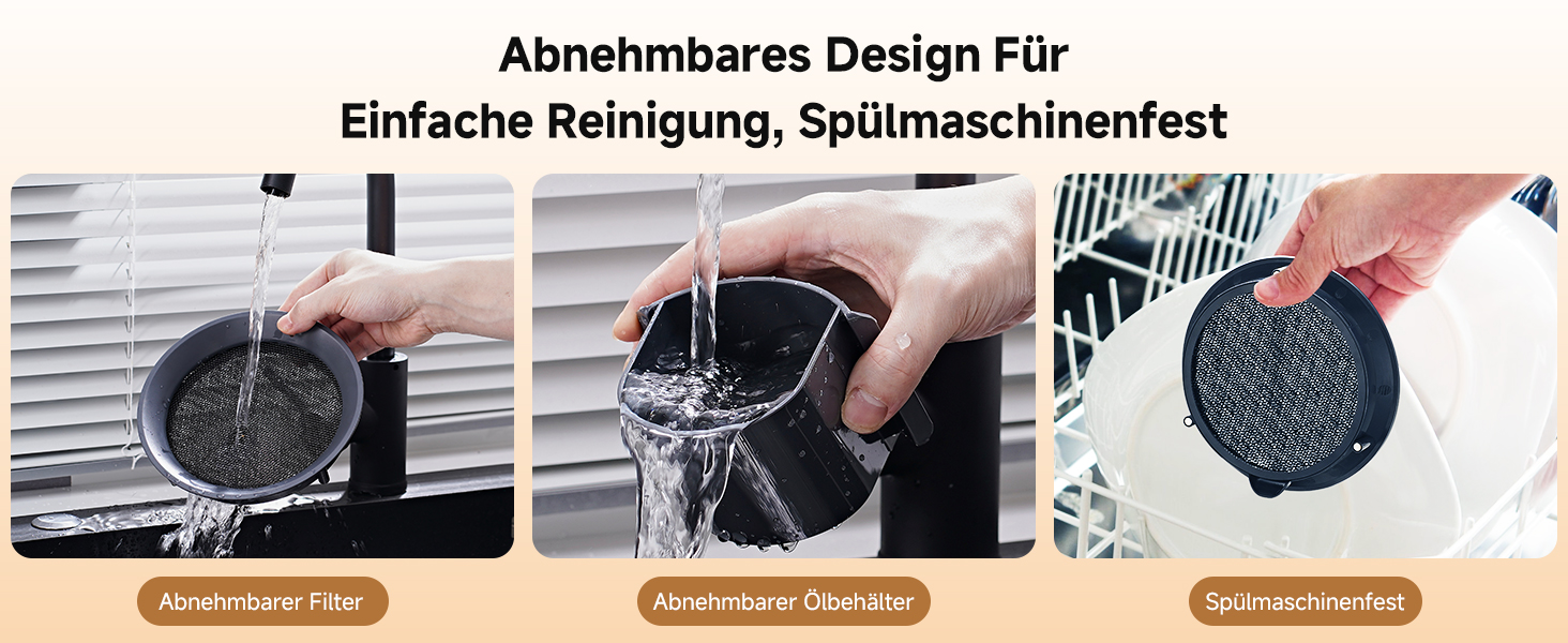 Auf drei Panels wird eine abnehmbare, dunkle, strukturierte Oberfläche gezeigt, die gereinigt und gewaschen wird. Sie zeigt ihr spülmaschinenfestes Design und ihren