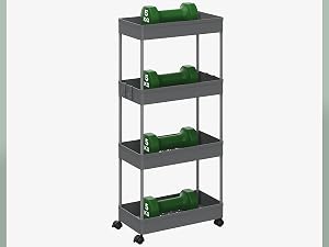 Carrello multiuso grigio a tre livelli con ruote, mostrato da più angolazioni che mostrano il suo design a scaffale portatile.