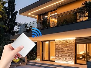 Exterior nighttime shots of modern house with stone facade. Shows hand holding device, suggesting smart home automation or control system.