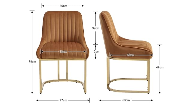 Schéma des dimensions techniques du produit montrant plusieurs vues d'une chaise de salle à manger rembourrée marron avec dossier côtelé et structure en métal doré. Mesures indiquées pour la hauteur, la largeur et la profondeur.