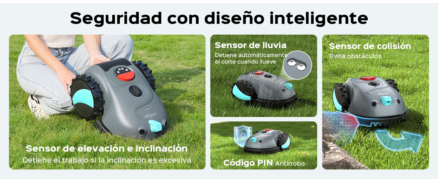 El texto dice «Seguridad con diseño inteligente». Tres imágenes que muestran un robot cortacésped gris en diferentes posiciones sobre el césped.