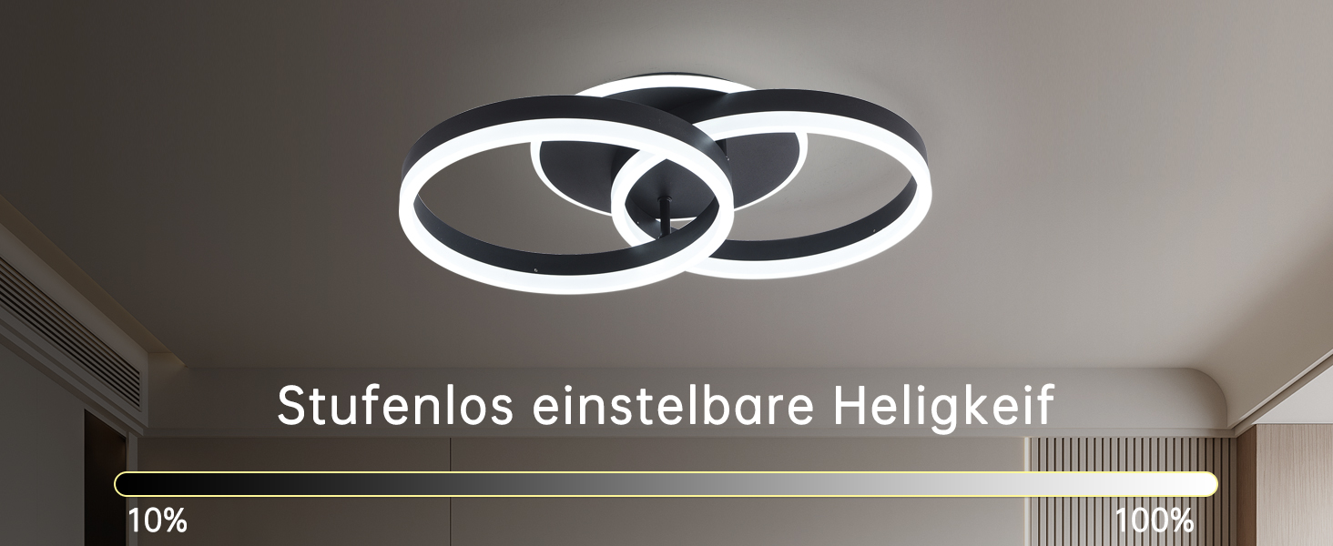 Der Text lautet „Stufenlos einstellbare Helligkeit“ mit zwei ineinandergreifenden Ringsymbolen. Scheint eine Oberfläche zur Helligkeitssteuerung mit einer Prozentskala von 0% bis 100% zu sein.