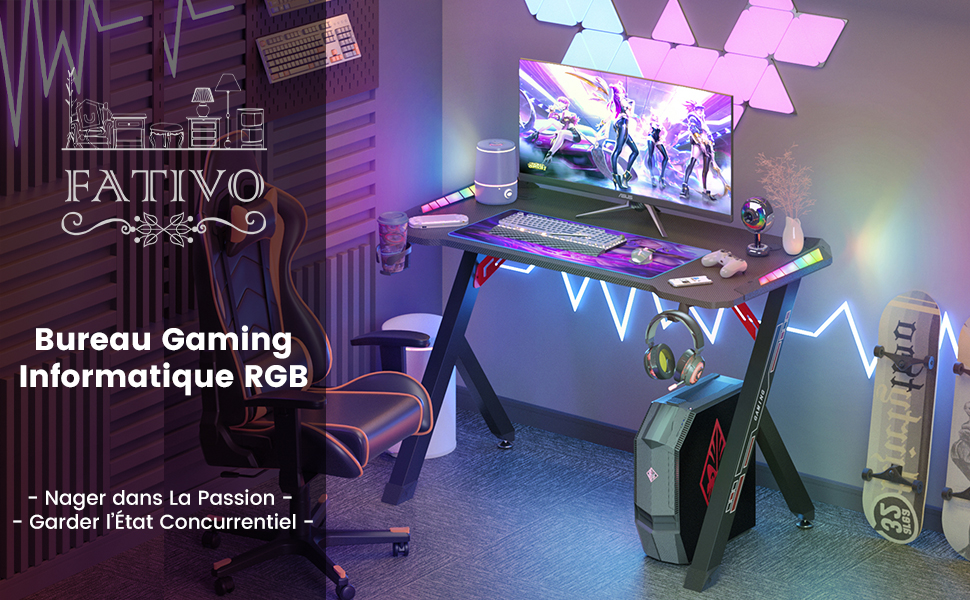 Setup Gaming Bureau Gamer En L Avec LED Et Prises Intégrées - 120 Cm, Support Moniteur Réglable, Plateau Fibre De Carbone Noir