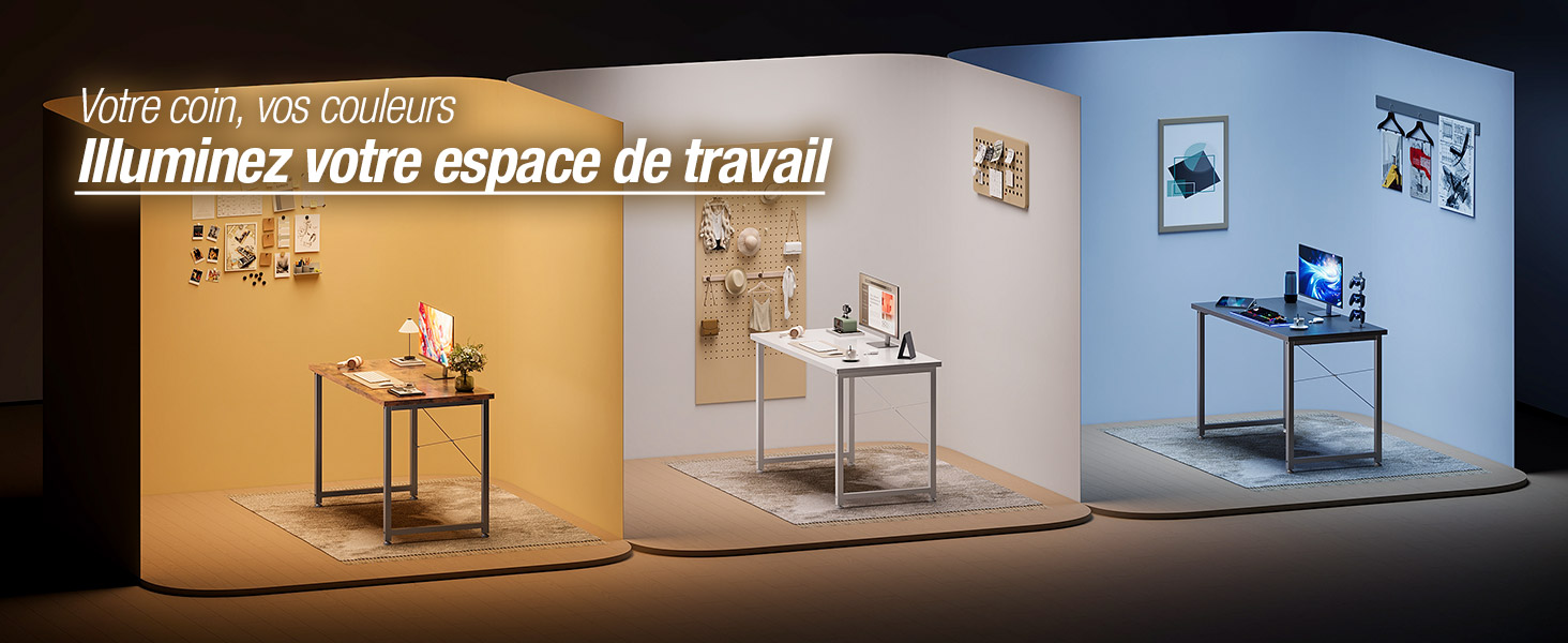 Le texte se lit comme suit : « Illuminez votre espace de travail ». Série progressive présentant un espace de travail de bureau avec différents arrangements d'éclairage.