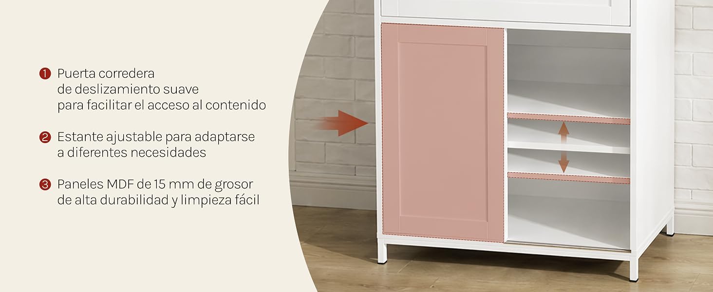 Armario de almacenamiento con puertas correderas rosas y blancas, compartimentos con estantes y base con ruedas. El texto describe las características y dimensiones organizativas de las habitaciones o espacios de juego para niños.