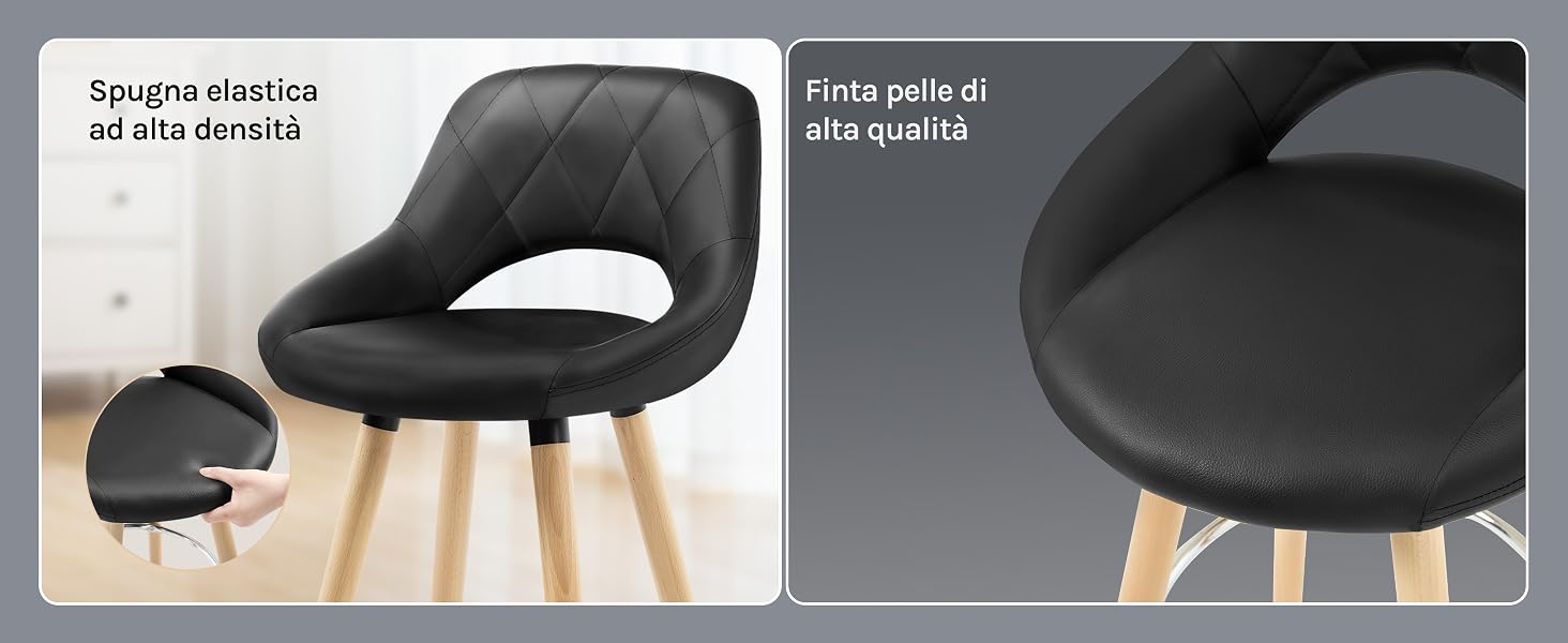 Sedia moderna con rivestimento nero, schienale curvo con intaglio e gambe in legno. Il primo piano mostra la superficie del sedile strutturata. Il testo in italiano descrive la schiuma ad alta densità e