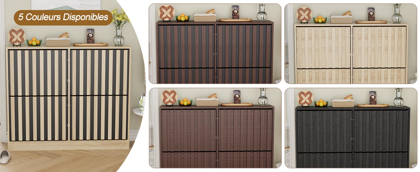 Le texte indique « 6 Cortinas Decorativas ». Composite présentant des panneaux de rideaux décoratifs en plusieurs couleurs : rayures beige/beige, rayures bordeaux/marron, crème/blanc, marron et gris anthracite à rayures verticales.