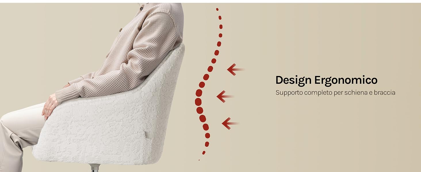 Il testo recita «Design Ergonomico». Cuscino ergonomico bianco o cuscino di supporto mostrato nel profilo laterale con frecce tratteggiate rosse che indicano il design curvo del supporto.