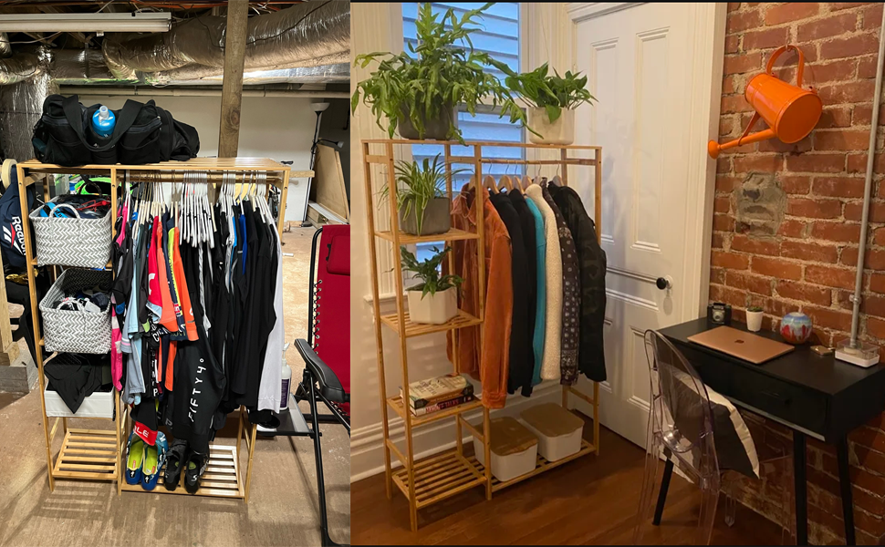 Stand Appendiabiti in Legno di Bambu per Camera da Letto Ingresso Girevoli Ripiani