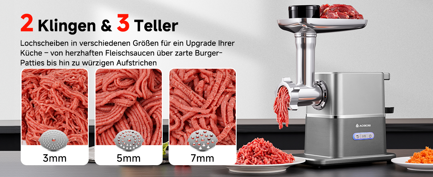 Der Text lautet „2 Klingen &amp; 3 Teller“ (2 Klingen und 3 Teller). Fleischwolf aus Metall mit drei Schneidplatten und mehreren roten Mahlscheiben auf weißem Hintergrund.