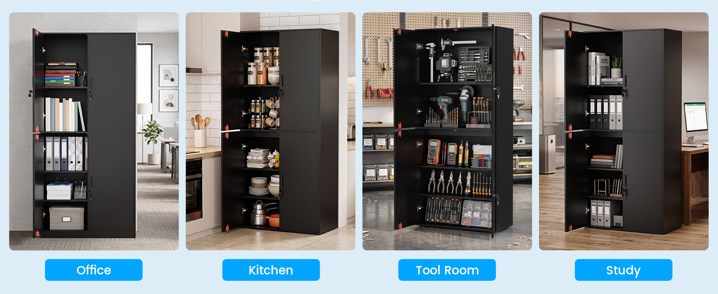Quatre armoires de rangement hautes noires avec façades vitrées et vitrines étiquetées Bureau, Cuisine, Hall Room et Study. Chaque armoire comporte des étagères pour ranger les livres, la décoration et les articles ménagers dans différents environnements de pièce.