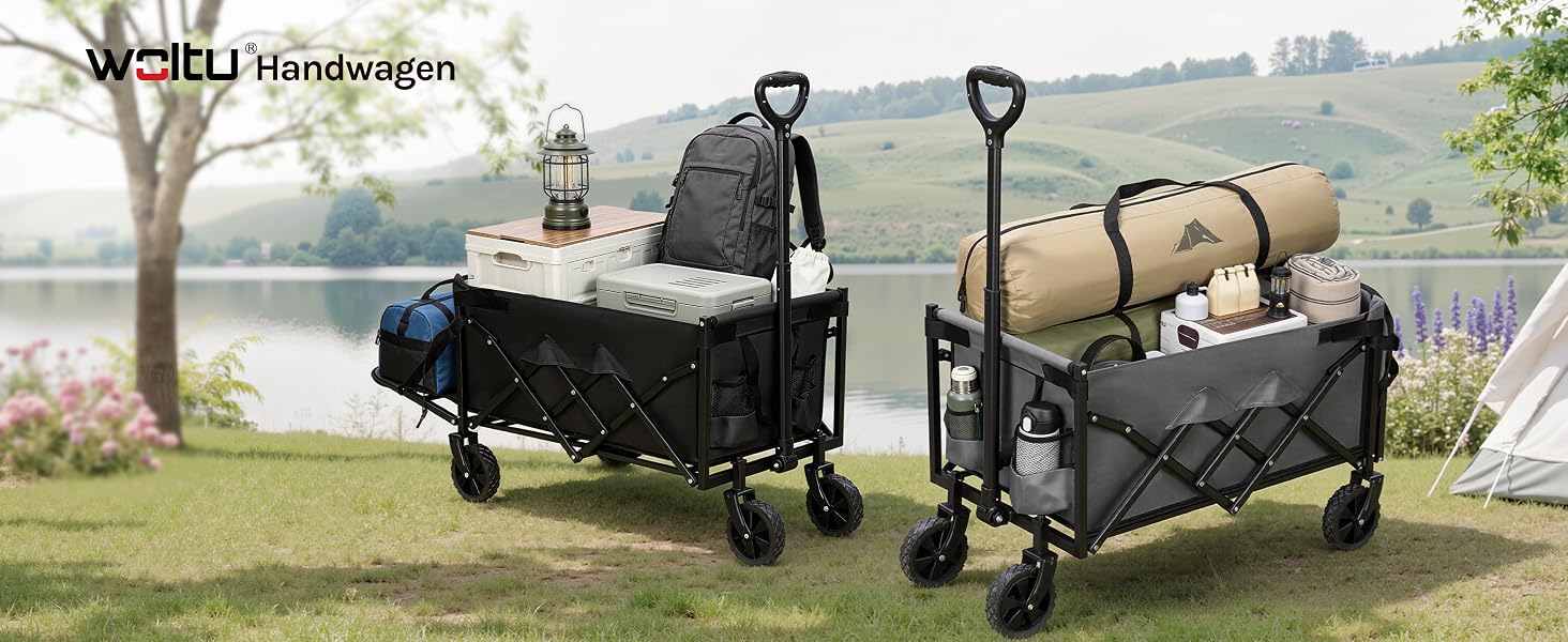 Der Text lautet „SIBU Wanderungen“. Szene im Freien, in der schwarze und beigefarbene zusammenklappbare Waggons/Karren mit Staufächern auf Gras in der Nähe eines Baumes zu sehen sind und tragbare Transport- und Aufbewahrungslösungen demonstriert werden.