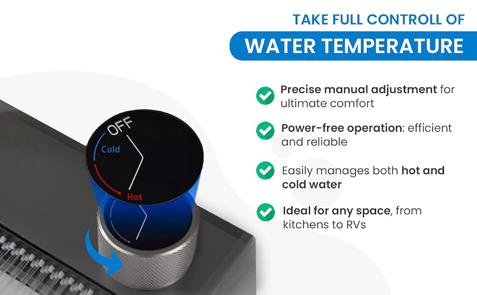 avec réglages chaud et froid. Les caractéristiques comprennent un réglage manuel précis, un fonctionnement sans alimentation, une gestion de l'eau chaude et froide et une adaptation à divers espaces, y compris les cuisines et les camping-cars