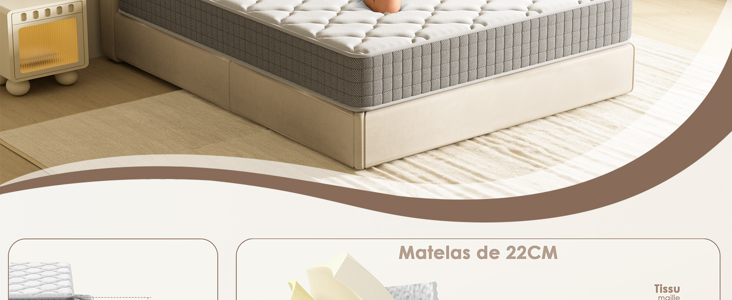 Vues détaillées en coupe transversale de la construction d'un matelas, montrant plusieurs couches et matériaux internes.