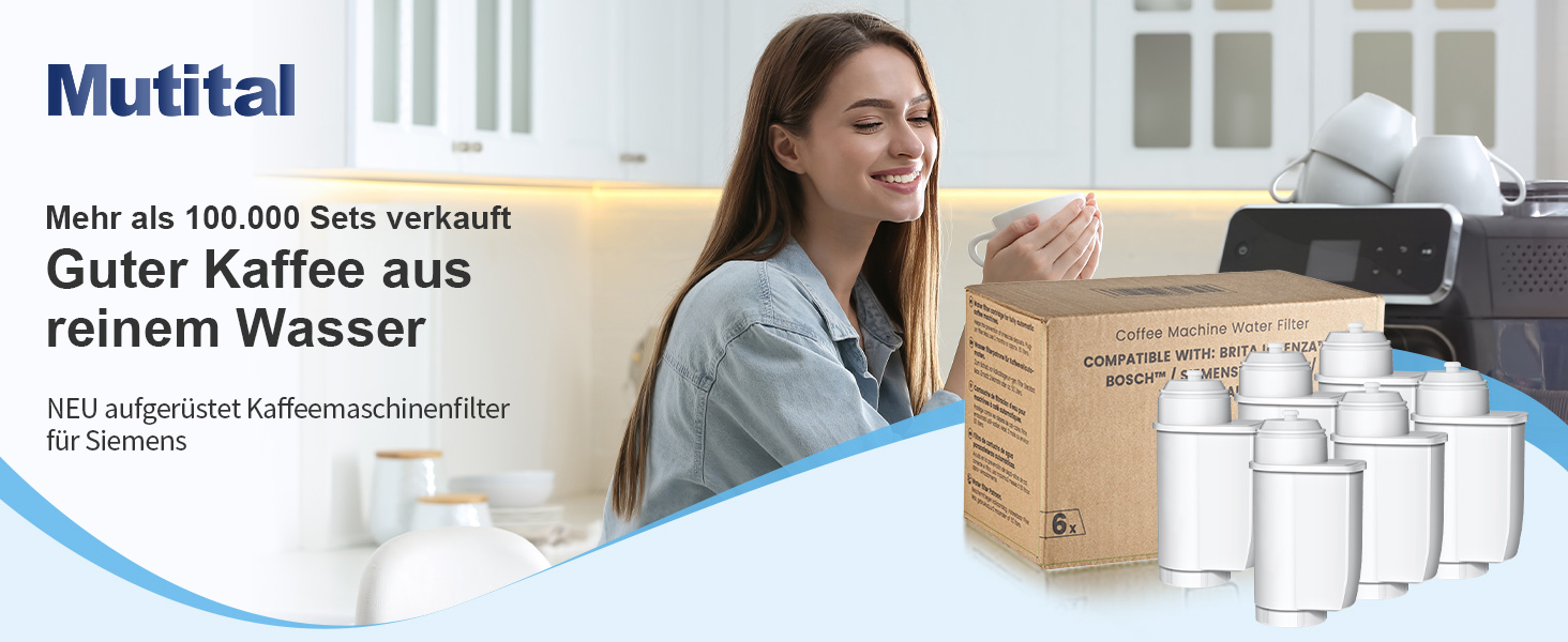 Der Text lautet „Guter Kaffee aus reinem Wasser“. Das Bild zeigt gefiltertes Wasser, das in die Kaffeemaschine gegossen wird, mit zusätzlichen Ansichten zur Produkteinrichtung.