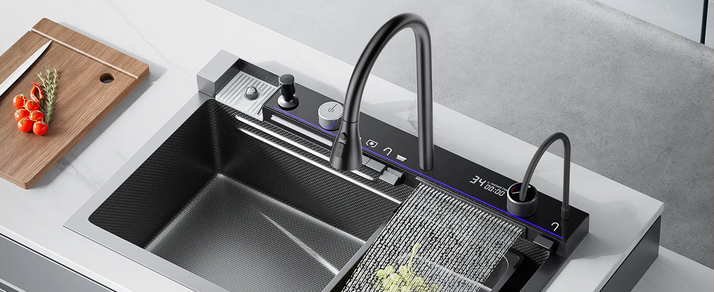 Ackwave Single Bowel Kitchen Sink Flying rain Waterfall with Multifunctional Digital Smart faucet