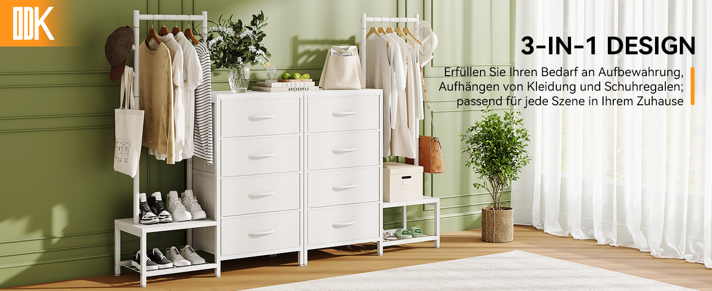 Modulares weißes Möbelset für Aufbewahrung und Organisation, einschließlich Kleiderschrank, Kommode und Regalen. Konzipiert für den vielseitigen Einsatz in verschiedenen Raumeinstellungen