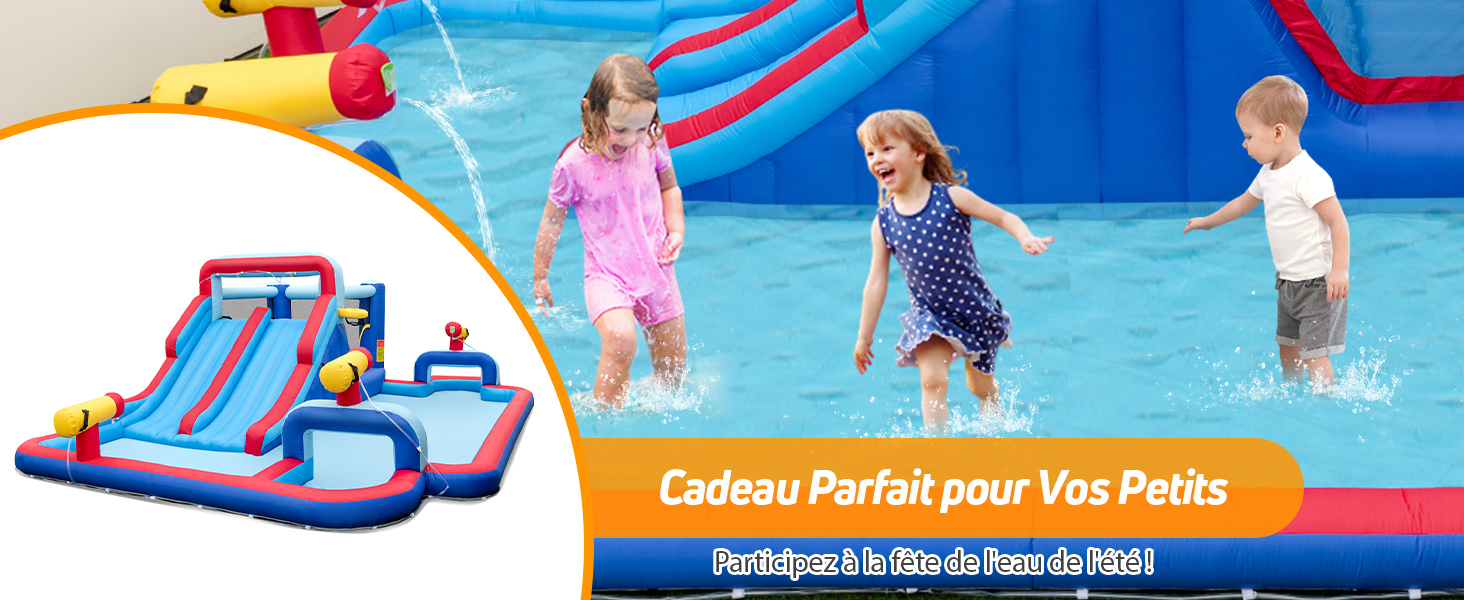Costway – Château gonflable aquatique avec double toboggan – 4 arroseurs et 2 pistolets à eau – Capacité 159 kg – Dimensions 458 x 440 x 236 cm