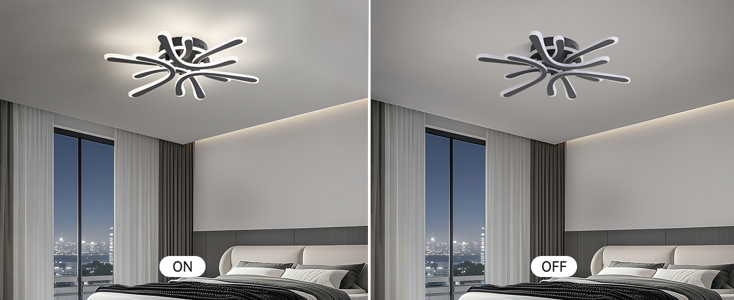 Moderne LED-Deckenleuchte, die in mehreren Winkeln in einer modernen Raumumgebung dargestellt wird. Sie zeichnet sich durch ein geometrisches, spinnenähnliches Design mit mehreren Armen aus.