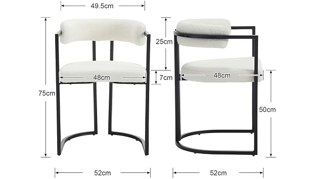 Technisches Diagramm eines modernen Esszimmerstuhls mit den Abmessungen: 75 cm Höhe, 49,5 cm Breite, 52 cm Tiefe. Verfügt über einen weißen, gepolsterten Sitz mit schwarzem Metallrahmen