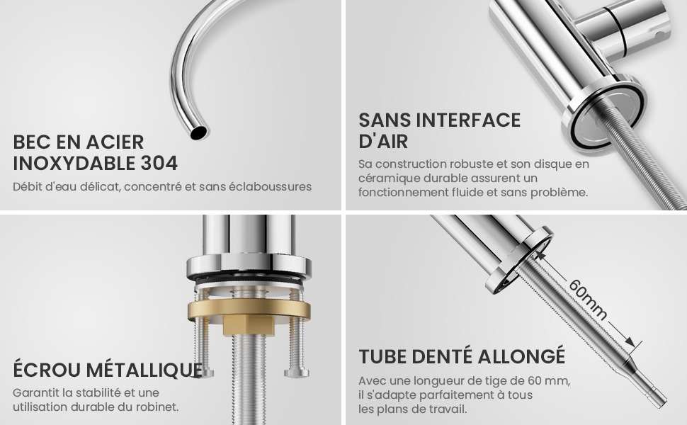 Le texte inclut « BEC EN ACIER », « SANS INTERFACE », « INOXYDABLE 304 », « ÉCROU MÉTALLIQUE ». Schéma technique montrant les différents composants et accessoires métalliques.