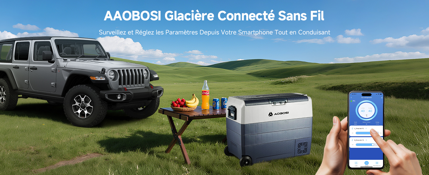 Le texte indique « AAOBOSI Glacière Connectée Sans Fil ». Image marketing montrant un véhicule et une glacière connectée dans une prairie extérieure.