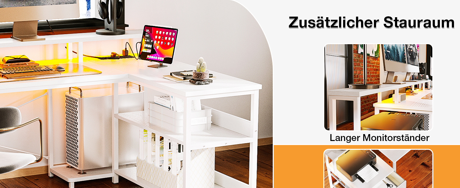 Weißer Computertisch mit Monitorständer, der zusätzlichen Stauraum und Organisationsfunktionen bietet. Mehrere Lagerebenen sind sichtbar.