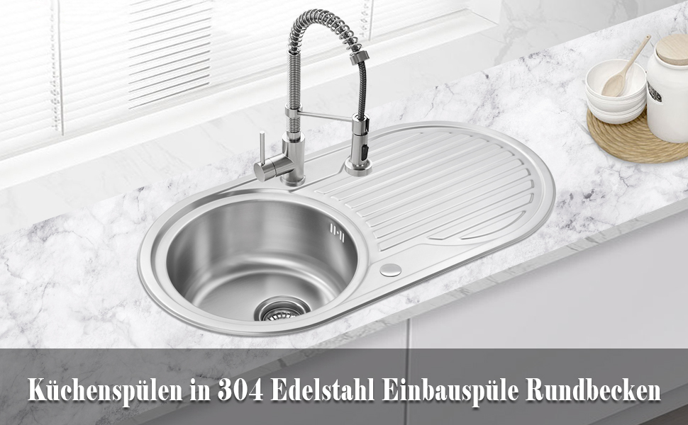 Küchenspüle komplett aus Edelstahl mit Abfluss