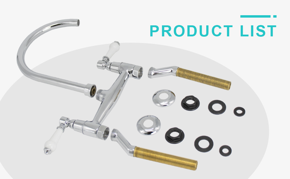 Faucet installation kit including curved spout, handles, washers, and mounting hardware displayed on a white circular background.