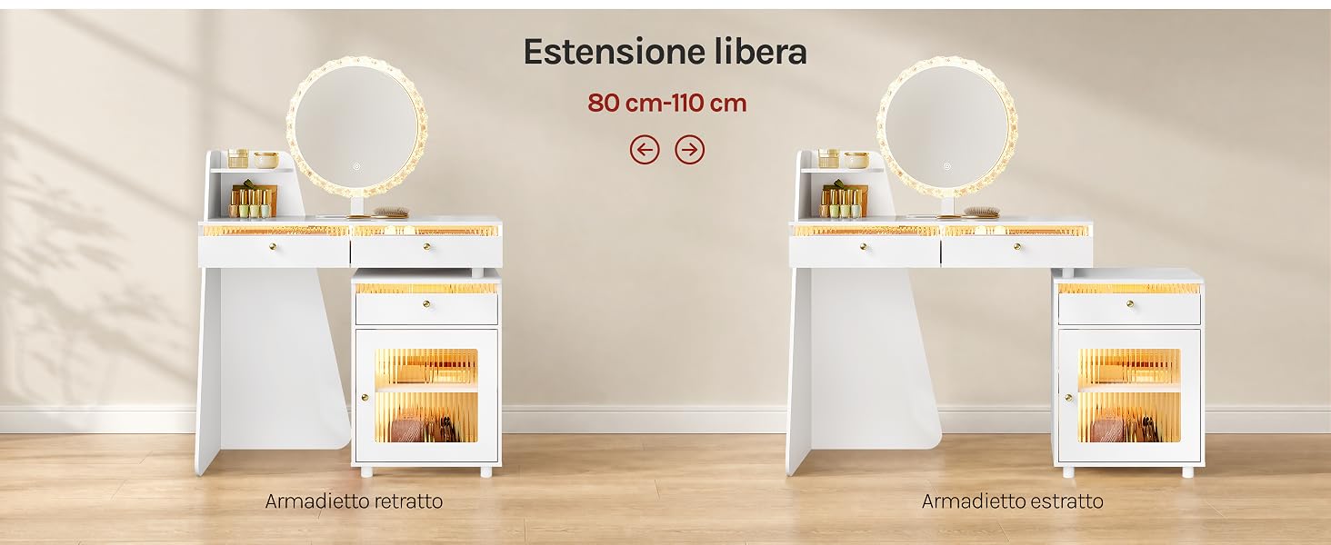Il testo dice 'Estensione libera 80 cm-110 cm'. Due mobili da bagno bianchi con specchi rotondi illuminati e vani portaoggetti aperti mostrati in diversi stati di estensione su pavimenti in legno.