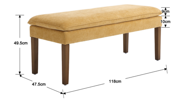 Technisches Diagramm mit den Abmessungen einer hellbraunen Polsterbank oder Ottomane mit Holzbeinen. Die Maße geben eine Länge von 116 cm und eine Höhe von 47,4 cm an.